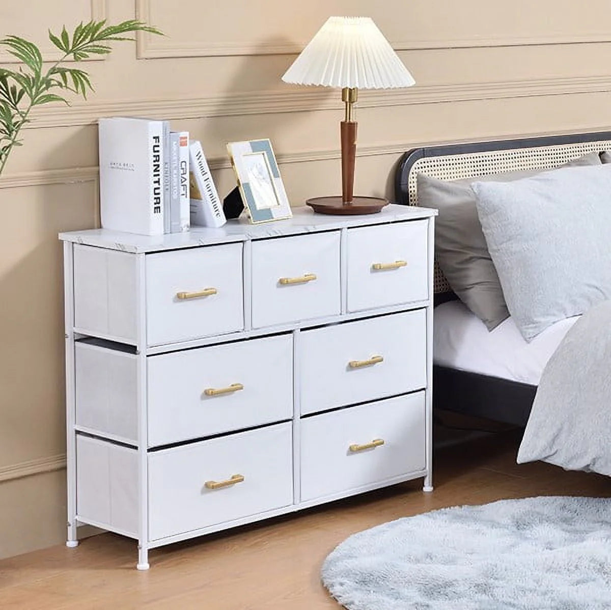 Bigroof 7 Drawer Fabric Dresser Accent White Dresser Chest Storage Organizer for Bedroom with Marbled WoodBoard and Artificial Leather for Living Room, Hallway, Entryway, Closet, Nursery, Kids Bedroom