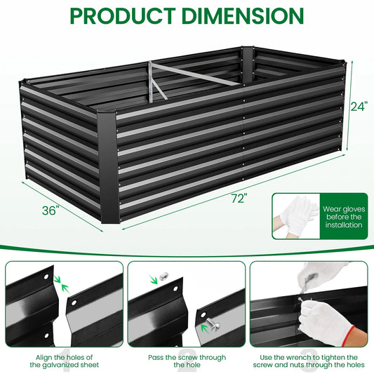 Homdox 6*3*2FT Galvanized Raised Garden Bed, Outdoor Thickened Raised Garden Planter Box for Vegetable Flower Fruit Herb, Rectangular Metal Garden Raised Box for Garden Yard, Black