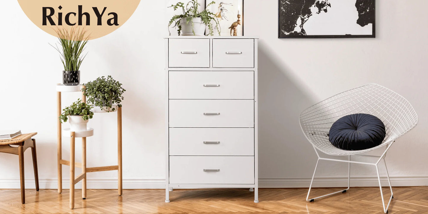 Chest of 6 Drawers, Drawer Dresser storage organizer for Bedroom, Living Room, Hallway, Nursery, Storage Cabinet Wooden Dresser with Steel Frame,White