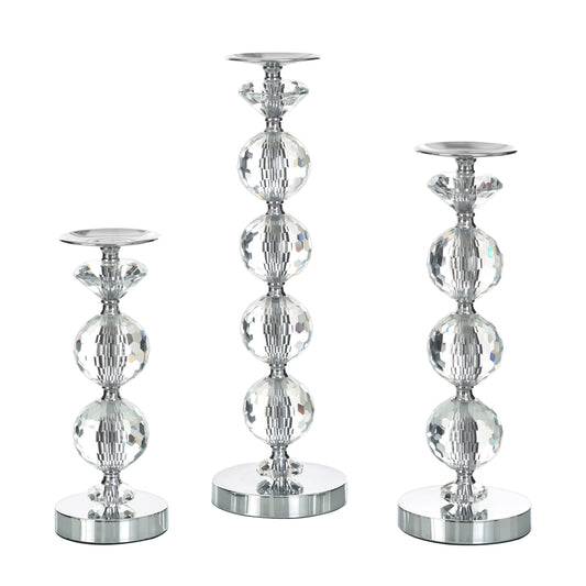 Chrome Finish Crystal Glass Pillar Candleholders, Set of 3