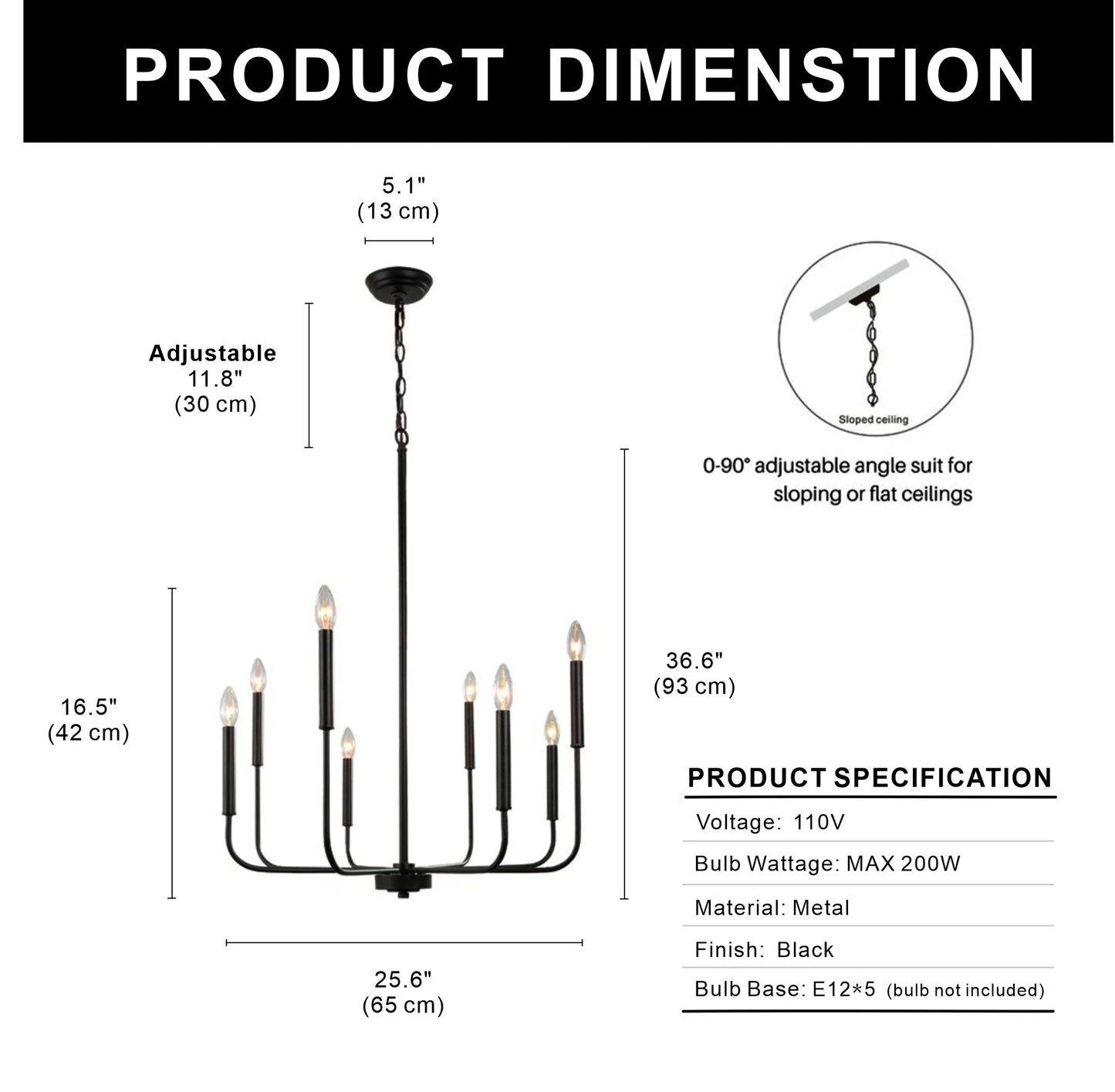 LOHASLED 8-Light Black Modern Industrial Farmhouse Iron Chandeliers, Classic Candle Ceiling Pendant Light Fixture for Living Room,Kitchen, Dining Room
