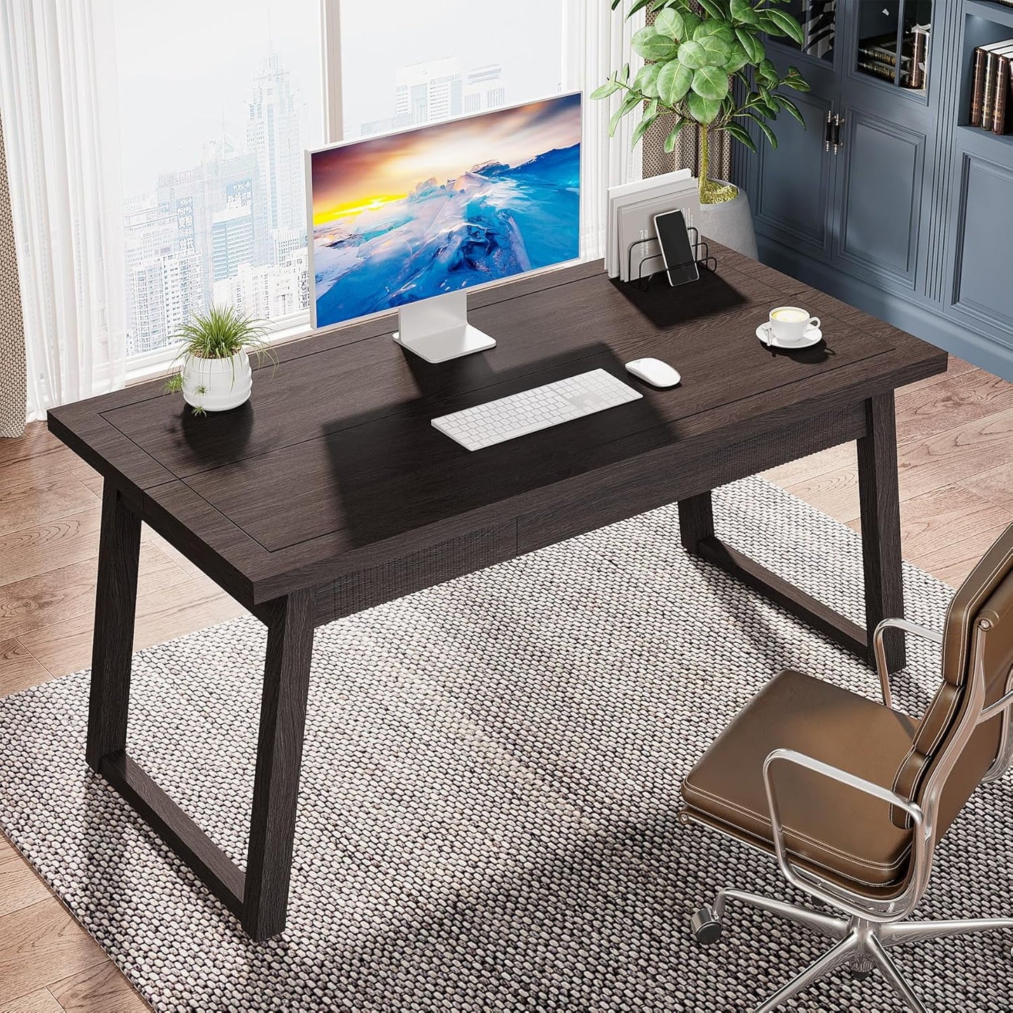 Executive Desk, 55 Inches Solid Wood Computer Desk with Drawer for Home Office