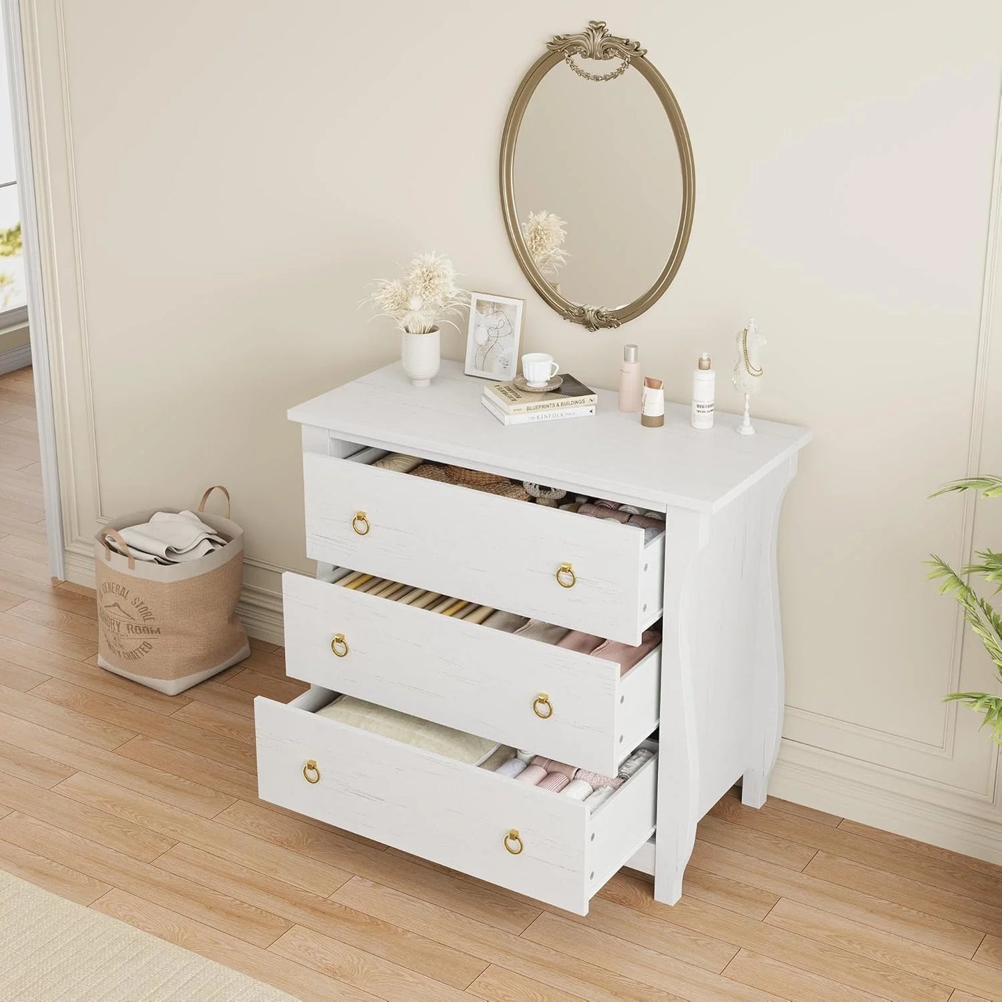 M optimized Wood 3-Drawer Dresser, Boho Dresser with Curved Legs, Rattan Accents, and Freestanding Storage for Living Room, Bedroom, Entryway, or Balcony