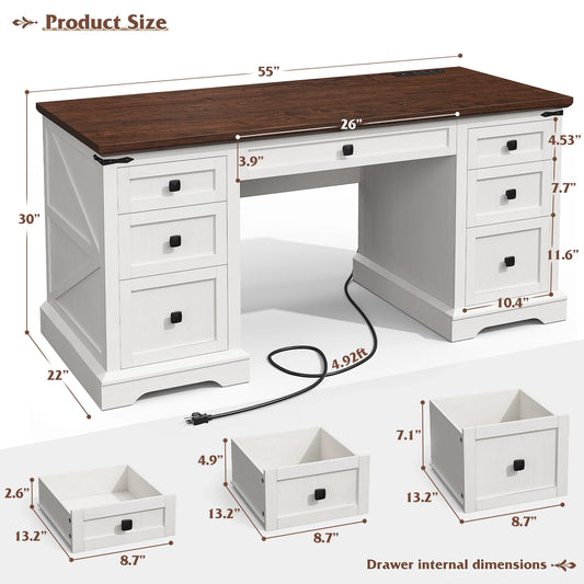 EnHomee Farmhouse Desk with Drawers, Wood Home Office Desk with Charging Station, Antique White