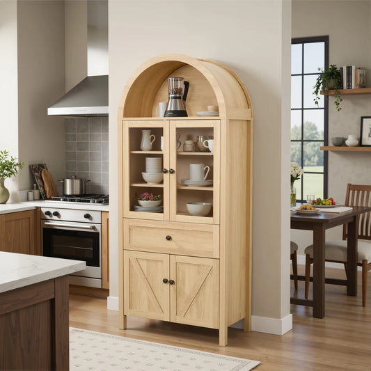 Lisonu 72" Arched Bookcase with Doors, Tall Dome Display Cabinet with Storage for Living Room or Home Office, Natural