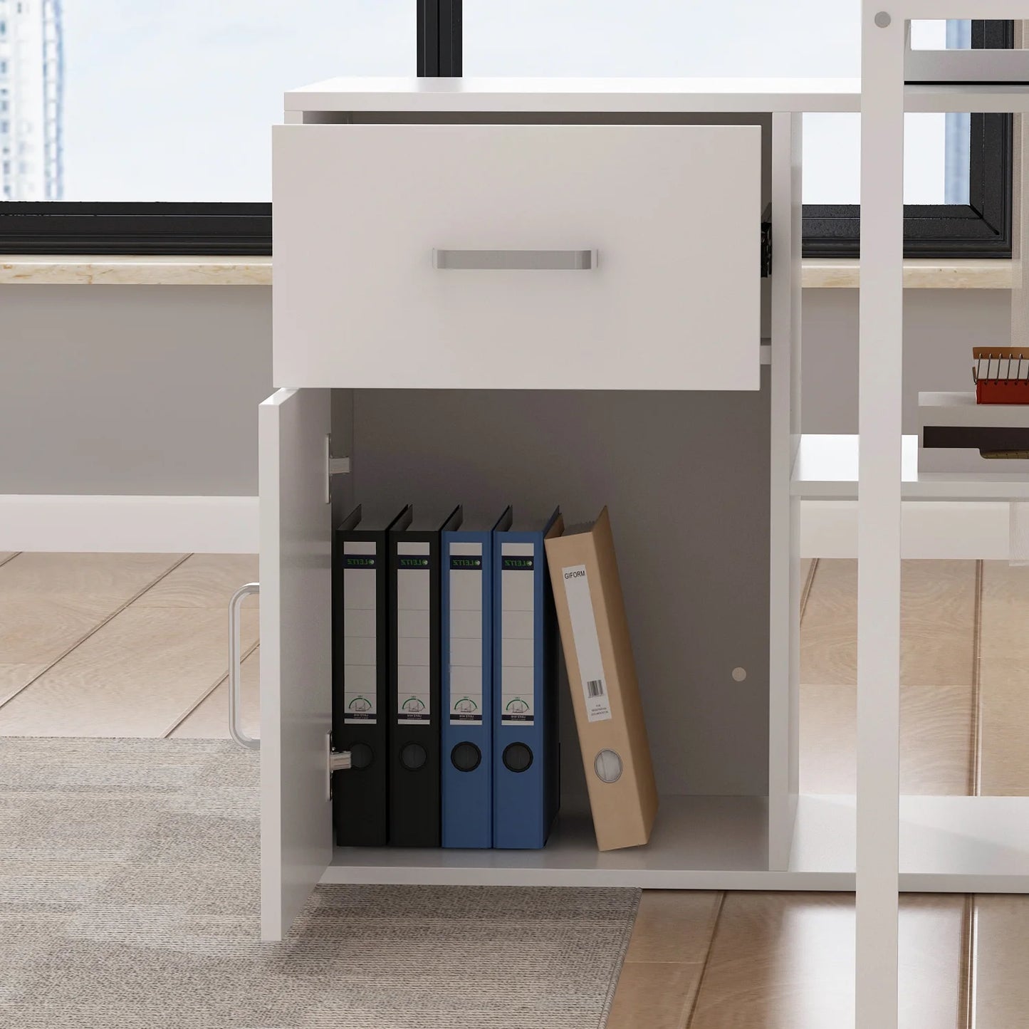 OXYLIFE 55 Inch Reversible Home Office Desk, Wood L-Shaped Corner Desk, Writing Workstation with Drawer, Shelves and File Cabinet, White