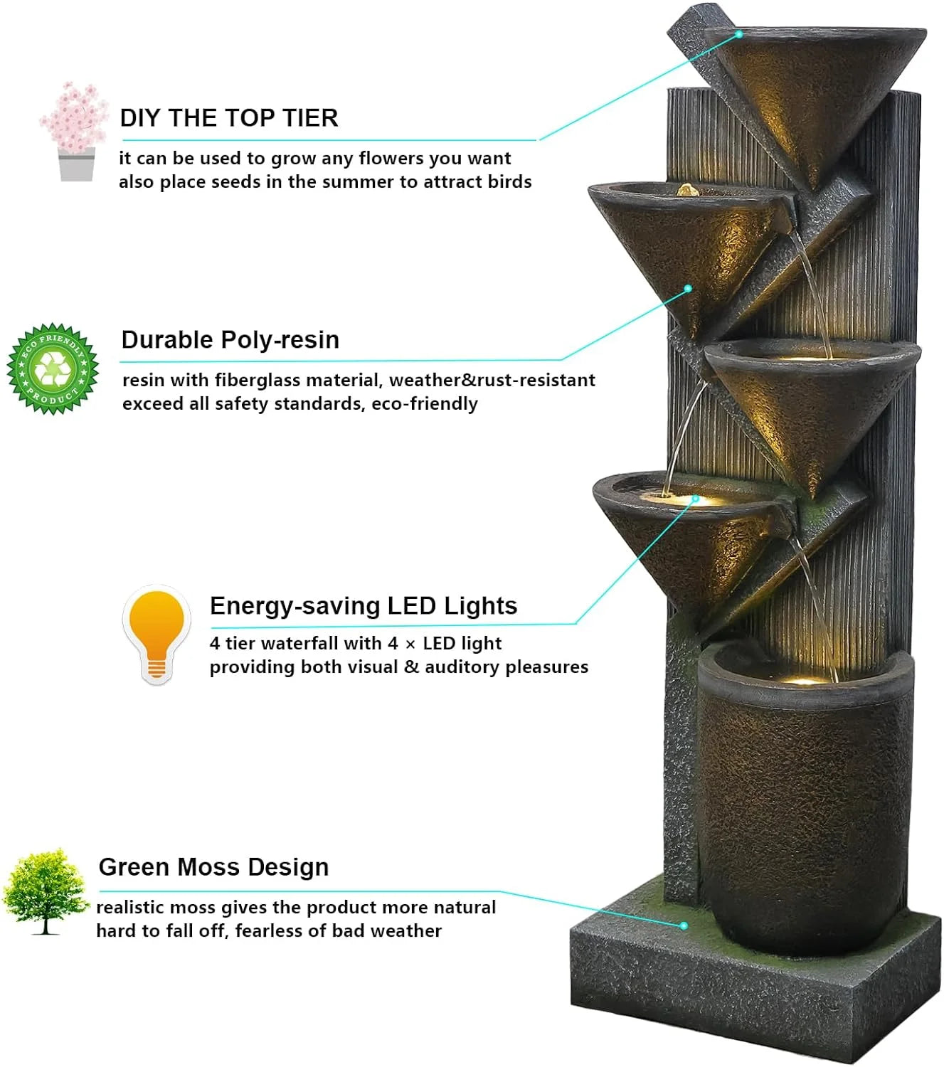 Waterfall Fountain 5-Tier Floor Standing Water Fountains with LED Lights for Garden, Living Room, Patio, Home Decor