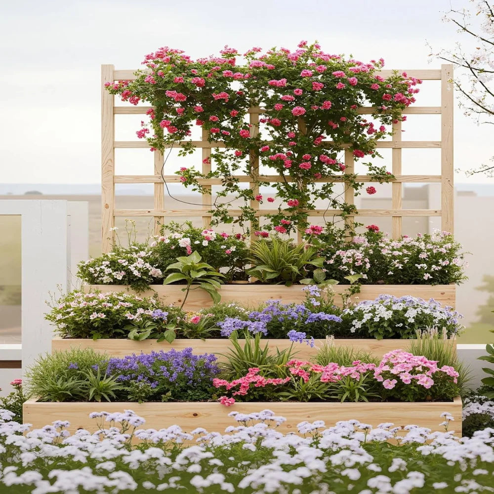 Large Raised Garden Bed with Trellis,3 Tier Standing Planter Box with Open-Base,Outdoor Elevated Garden Trellis for Vine Climbing, Flower Vegetable Fruit Herb Growing