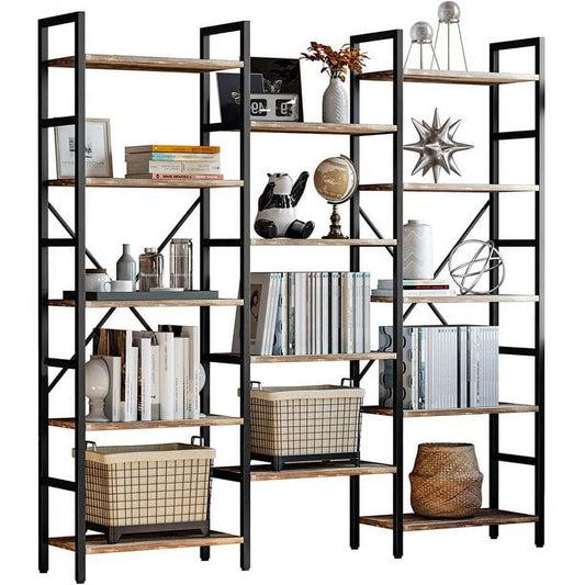 IRONCK Triple Wide 5 Tiers Industrial Bookcases and Bookshelves, Large Open Display Shelves with Metal Frame for Living Room Bedroom Home Office, Vintage Brown
