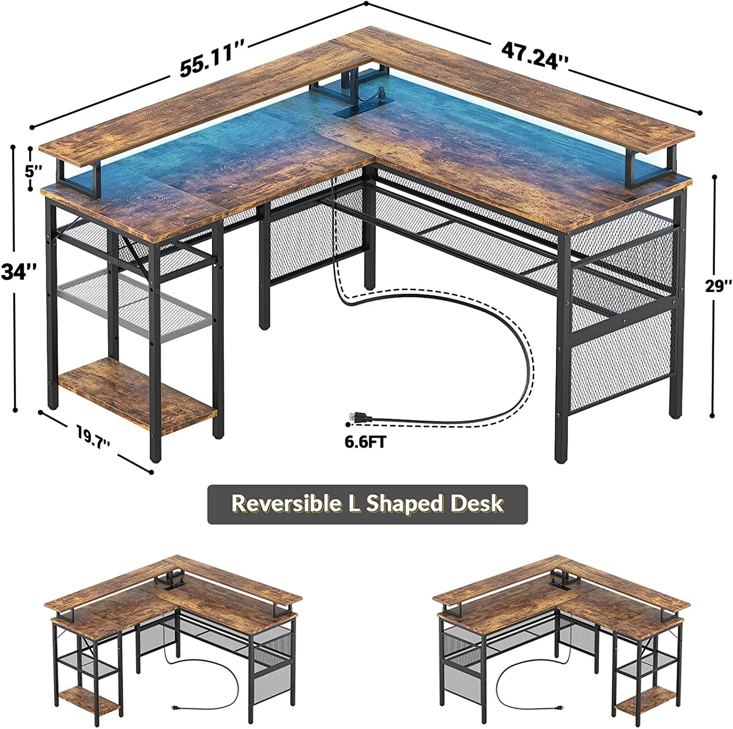 Homieasy L Shaped Desk with Power Outlets and LED Light, 55 inch Reversible L-Shaped Gaming Desk with Monitor Stand, Ergonomic Corner Computer Desk with Storage Shelf for Home Office, Rustic Brown