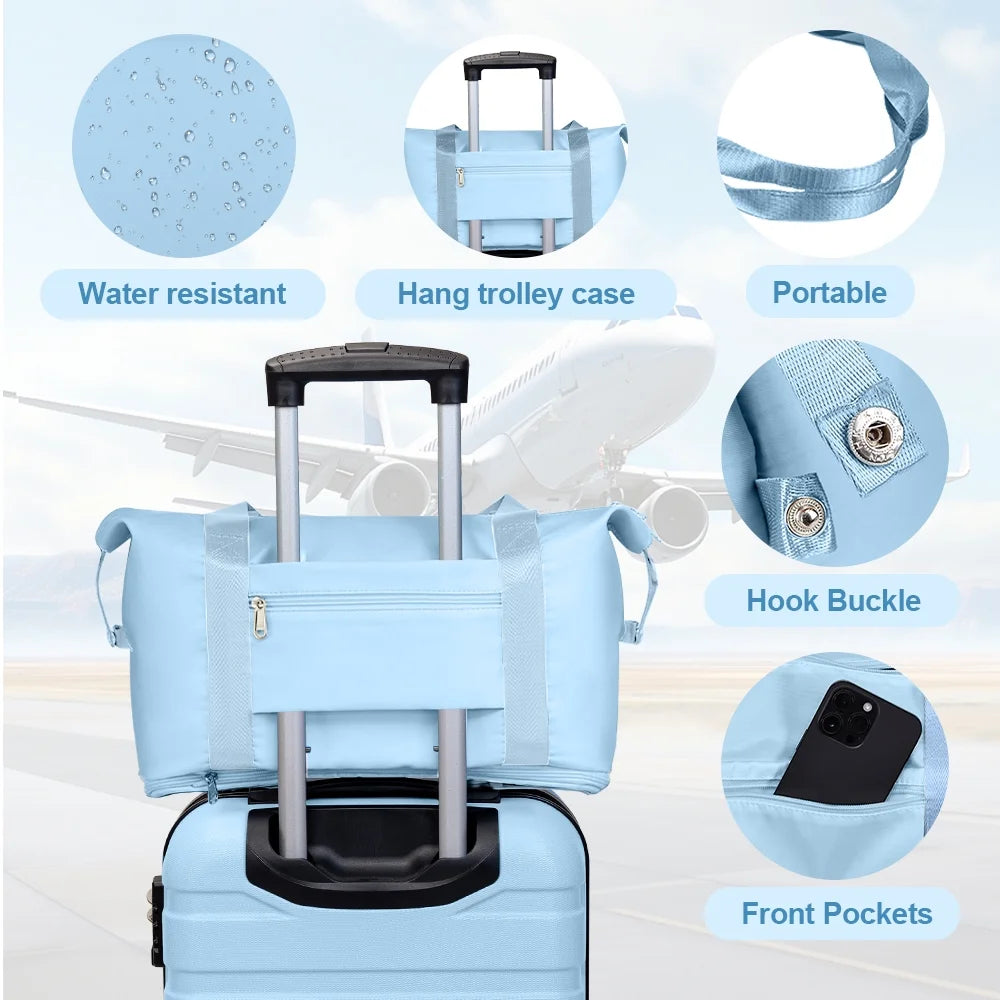 3 Pieces Luggage Sets(20"carry on+bags),PC+ABS Hardshell Lightweight Suitcase with TSA Lock,LightBlue
