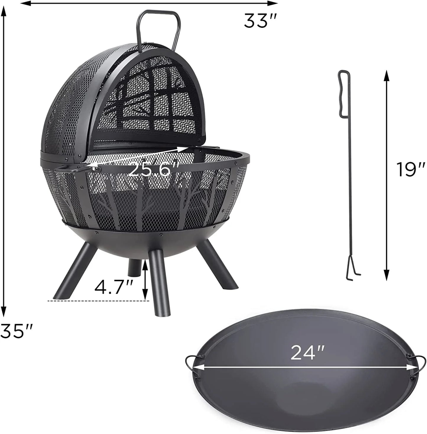 PaPaJet 35 inch Wood Burning Globe Fire Pit for Outside Steel