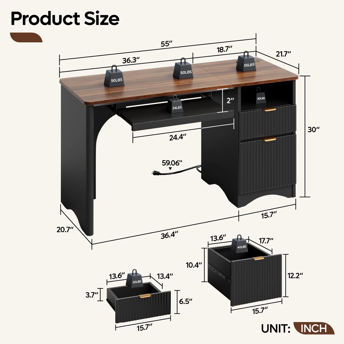 Bestier 55" Computer Writing PC Desk Home Office with Power Outlets Keyboard Tray and Storage Drawers, Log