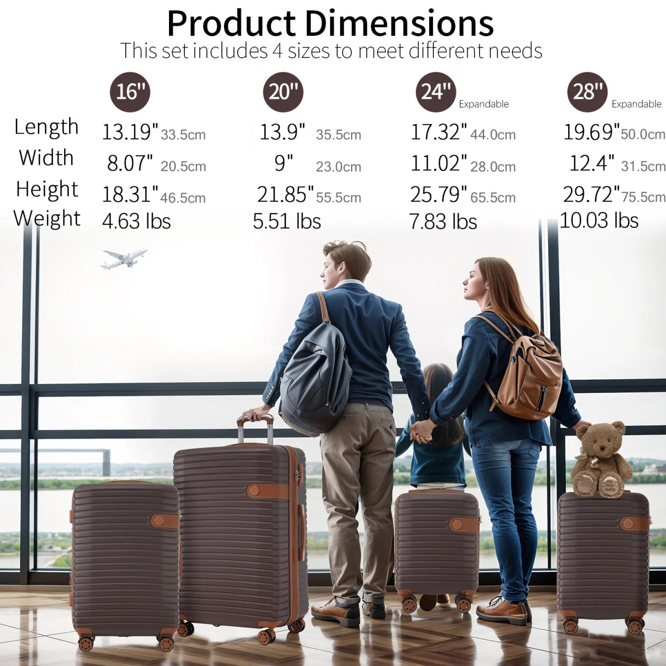 Luggage Sets,4-Piece Lightweight Suitcase Set with 4 Packing Cubes and TSA Lock, Hardshell Suitcases with Spinner Wheels, (16/20/24/28 ),Brown