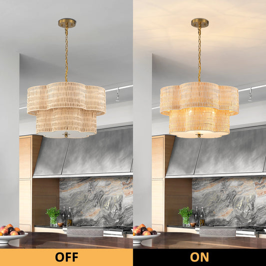 C Cattleya 20" 5-Light Natural Rattan Chandelier with 2-Tier Hand Woven Flower-Shaped Shade