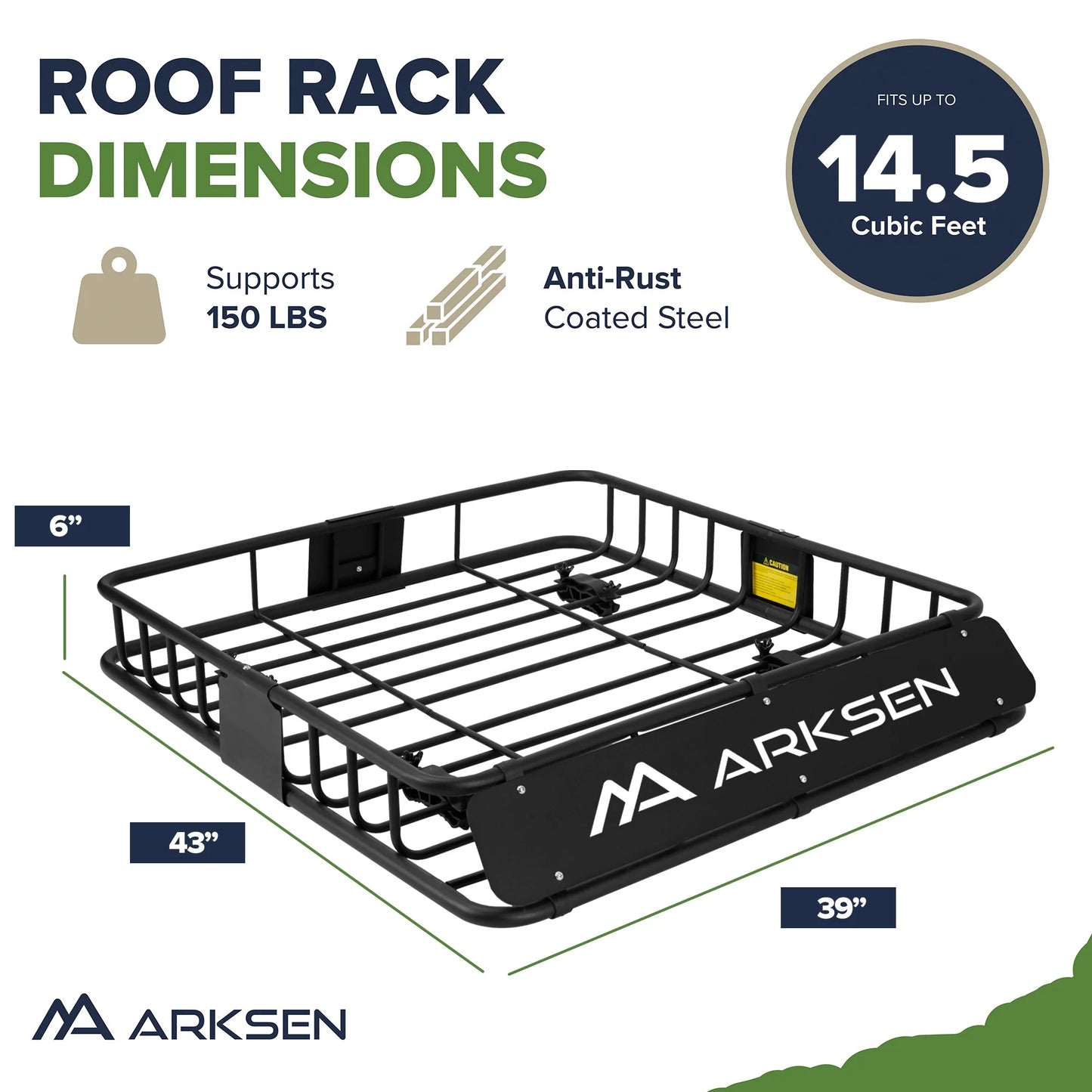 ARKSEN 43 x 39 x 6 inch Heavy Duty Roof Rack Cargo Carrier w/500D PVC Waterproof Cargo Bag, Universal Steel Roof Basket with Extension, 150 LBS Capacity Car Top Luggage Holder for SUV, Truck, Pickup