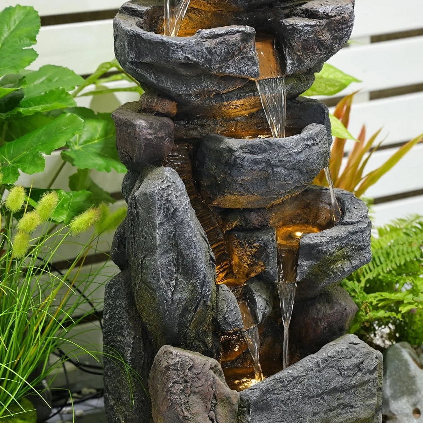 Rock Water Fountain Outdoor 6-Tiers Waterfall Fountain with LED Lights for Garden, Living Room, Patio, Home Decor