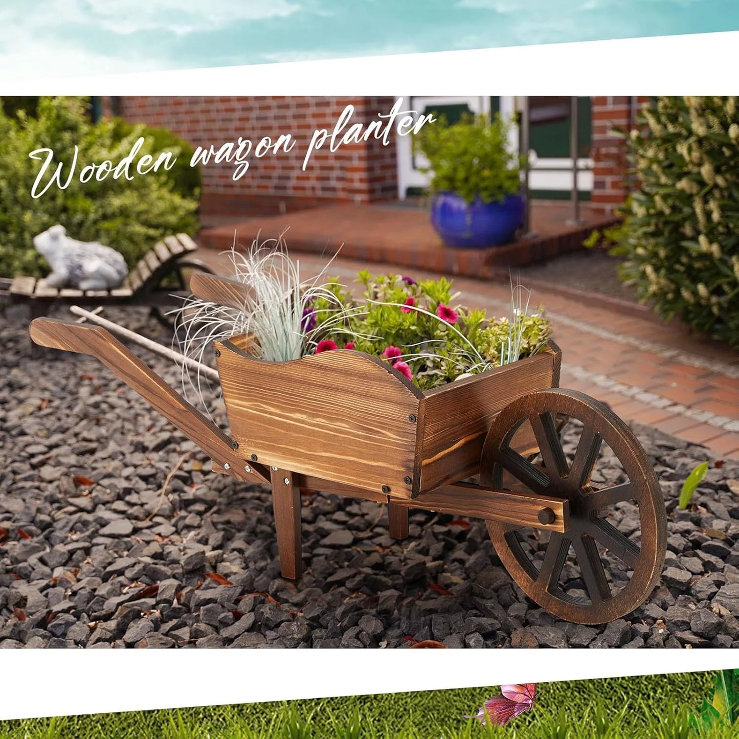 Wooden Wagon Planter Box, Garden Planter with Wagon Wheels, Flower Cart for Patio Garden Balcony, Decorative Patio Flowers Herbs Vegetables for Indoor Outdoor Decor, Brown(Rustic)