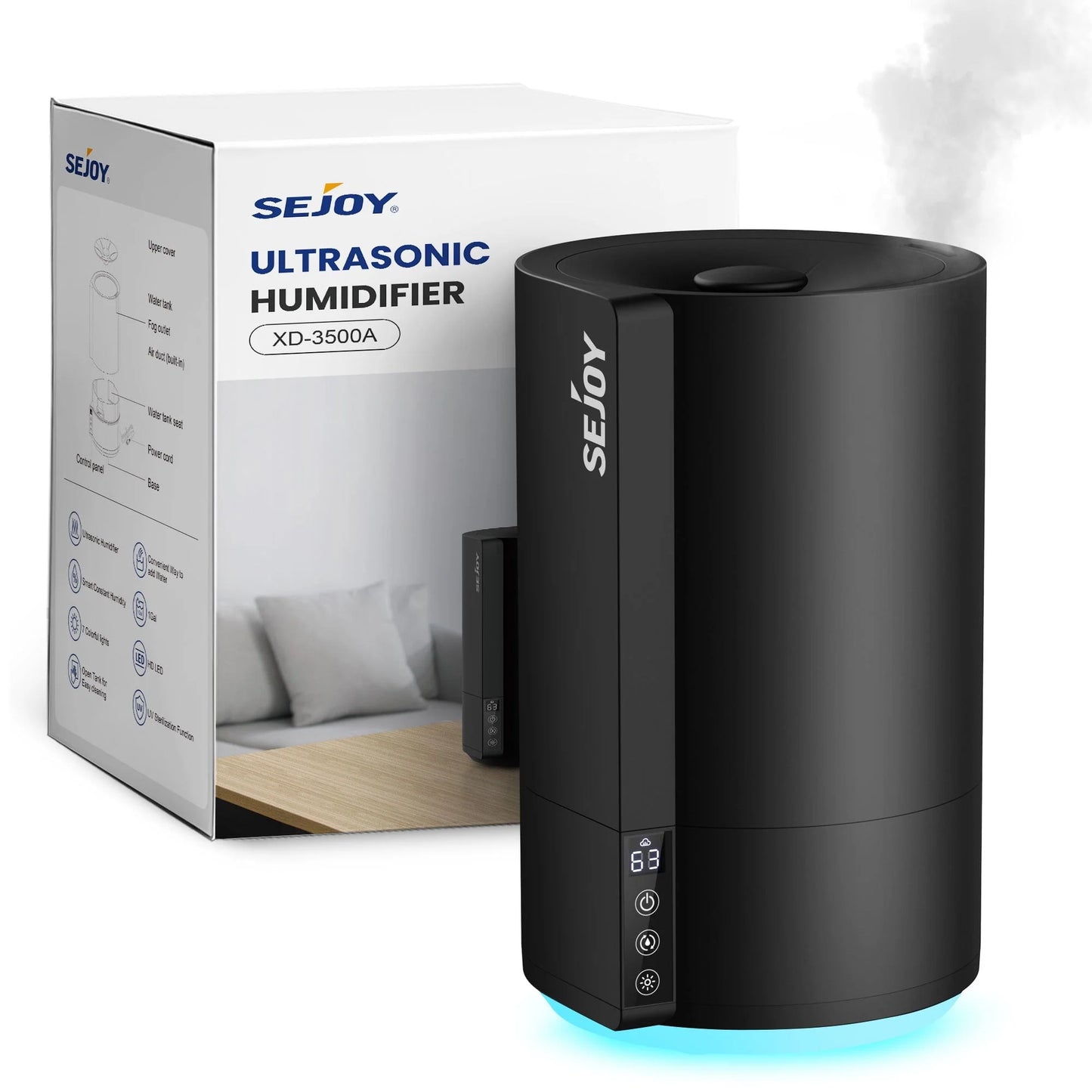 Sejoy Humidifiers for Bedroom, Quiet (3.5L Water Tank) Cool Mist Top Fill Essential Oil Diffuser for Baby Nursery and Plants, Rapid Ultrasonic Humidification for Home Large Room,Black