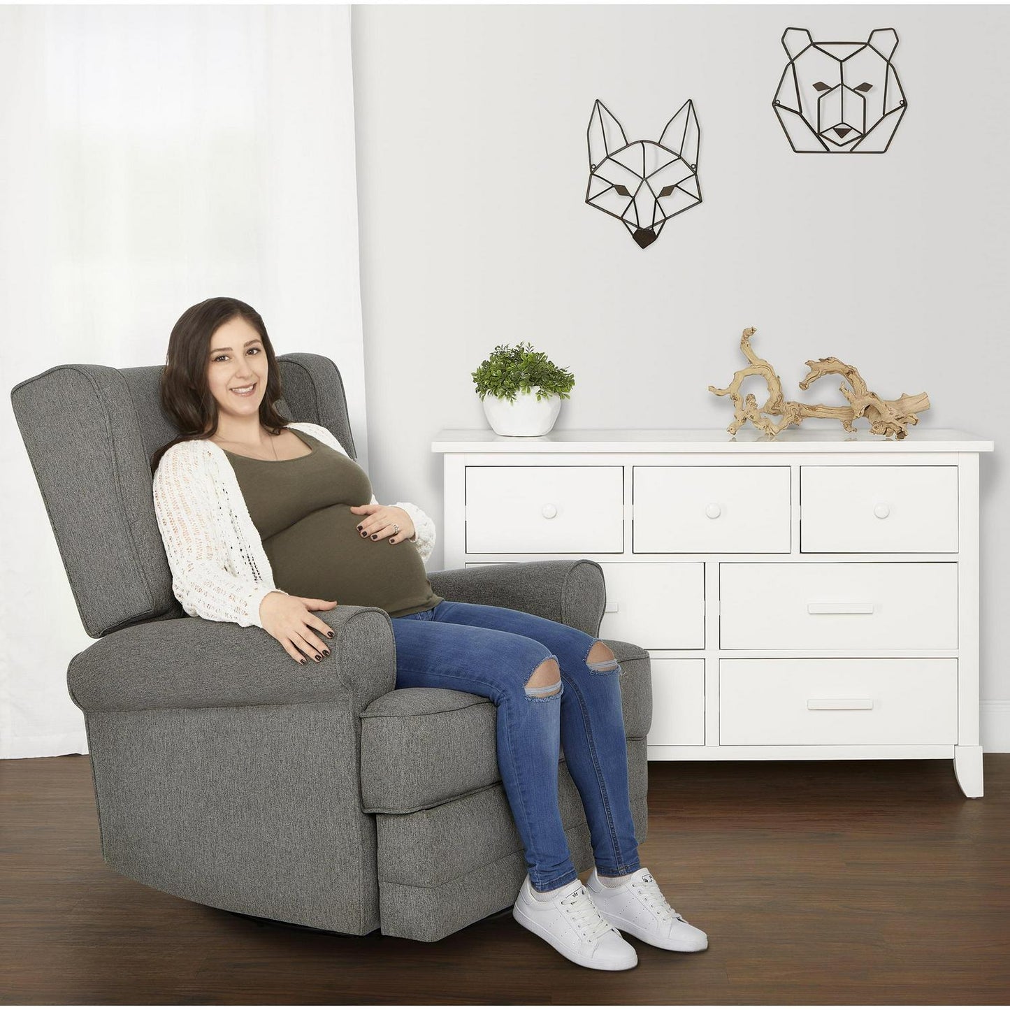 Evolur Melbourne Wing Back Swivel Glider I Nursery Glider I Durable Soft Fabric I Bonus Pillow In Iron