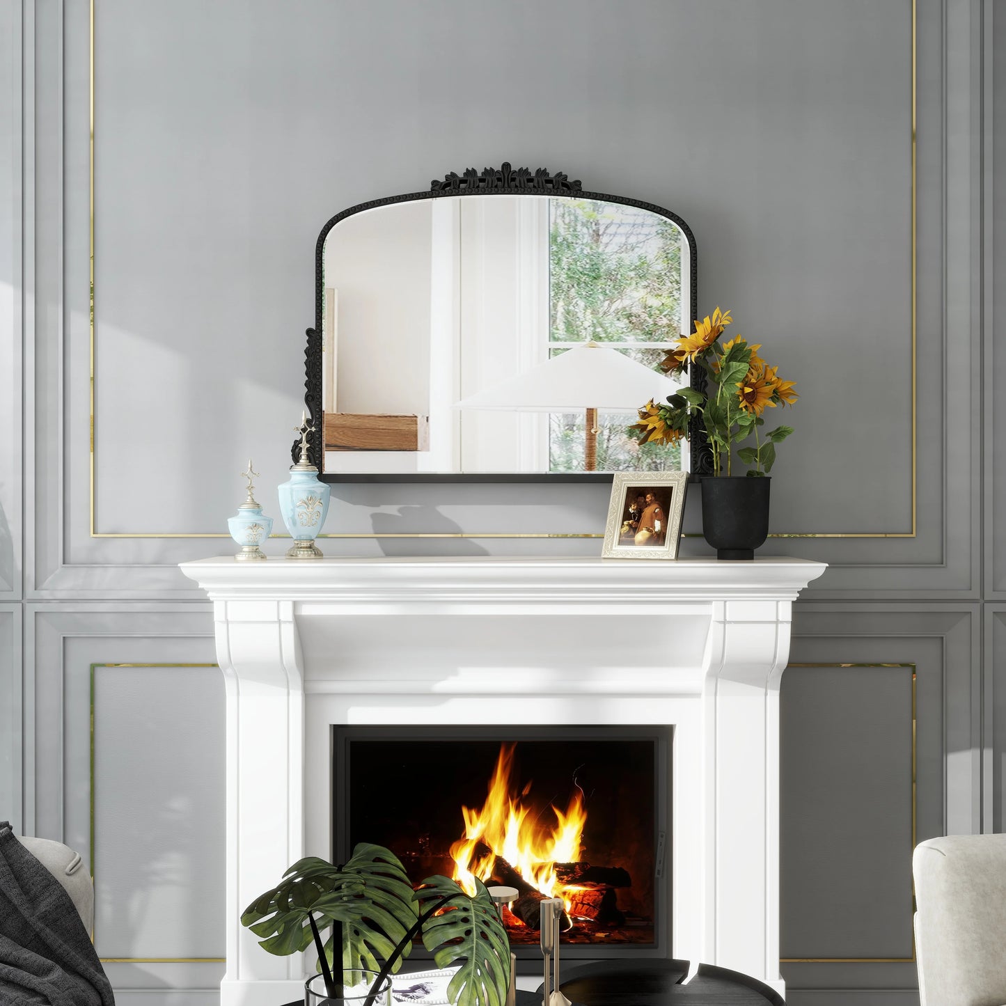 Shyfoy Large Arch Wall Mirror Ornate Mirror for Living Room Decor Anqitue Gold Decorative Mirrors for Wall 36" x 23"