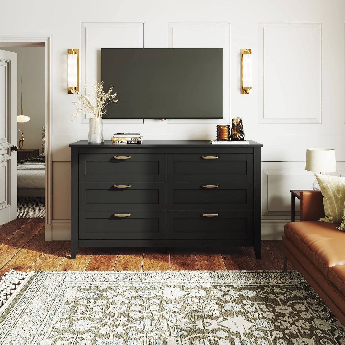 WLIVE Black Dresser for Bedroom, Double Dresser with Chest of 6 Drawers for Living Room & Nursery Toddlers Room, Retro Chest of Drawers with Metal Handle, Double Wood Dresser, Large Storage Cabinet