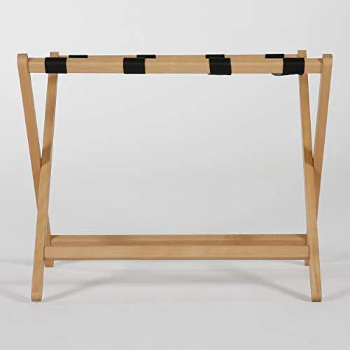 M& T Displays Beech Wood Folding Luggage Rack Travel Suitcase Stand with Woolen Strips for Home Hotel Gym Spa Guest Room 200 lbs Carriage Capacity Natural Wood 18x30 Inches