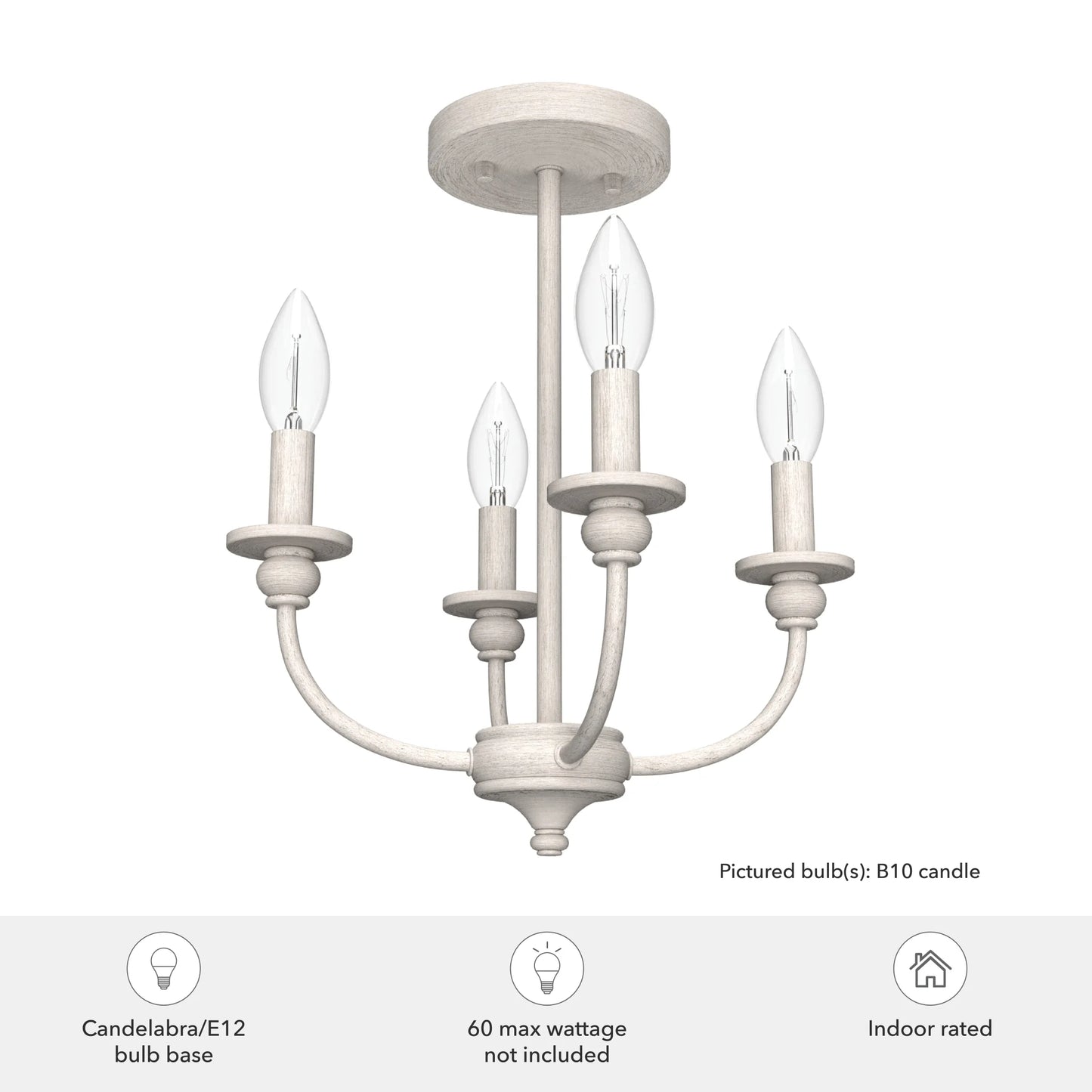 Hunter - Southcrest 4-light Matte Black, Medium Size Flush Mount Light, Dimmable, Traditional Style, Candle Shaped, for Bedrooms, Dining, Living Rooms - 19642