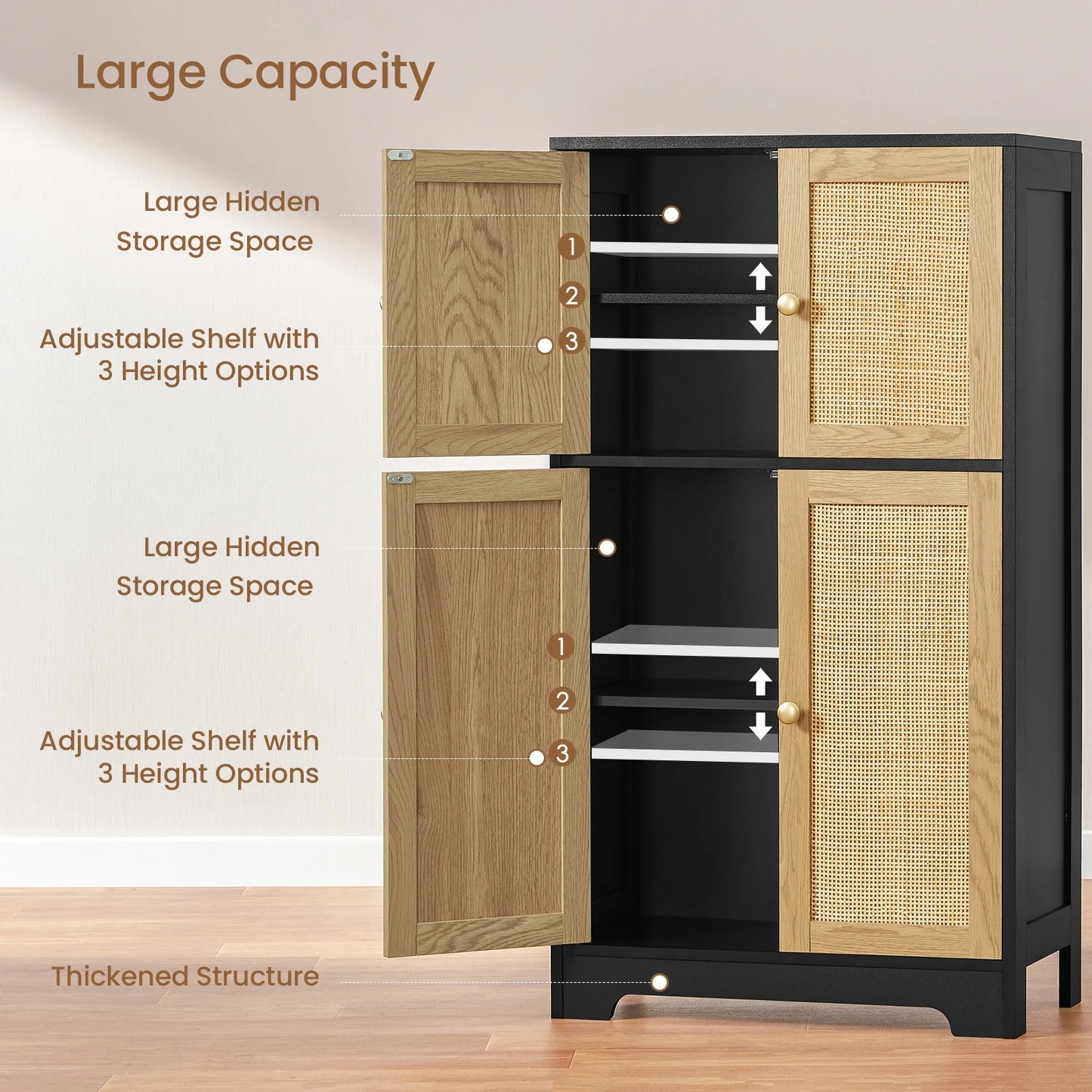 FANGSUM Rattan Cabinet with 4 Doors & Adjustable Shelf, Natural, for Living Room, Home Office