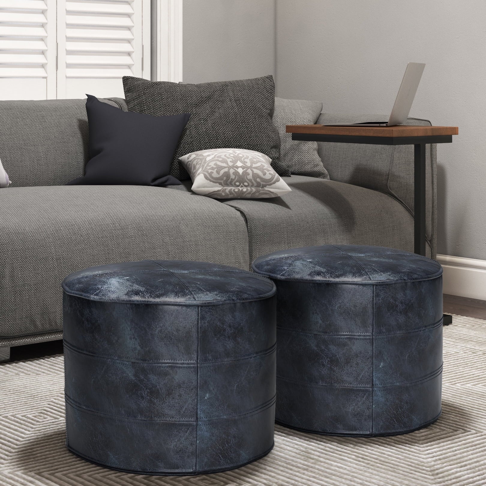 Simpli Home Connor Boho Round Pouf in Navy Blue Genuine Leather