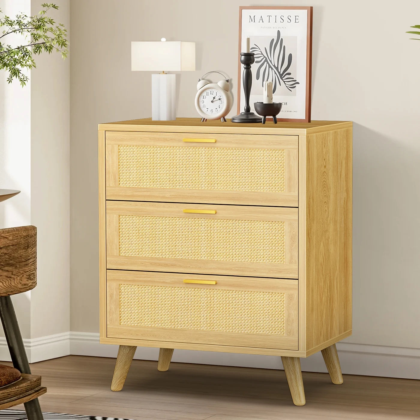 Capri 3 Drawer Dresser, Rattan Storage Wide Chest of Drawers, Night Stand Storage Cabinet for Women, Kids, Baby, Nursery, Girls, Bedroom Living Room Furniture, Natural