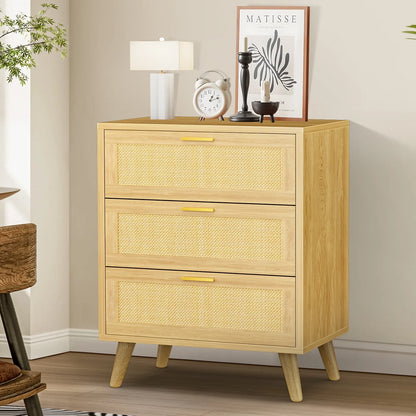 Capri 3 Drawer Dresser, Rattan Storage Wide Chest of Drawers, Night Stand Storage Cabinet for Women, Kids, Baby, Nursery, Girls, Bedroom Living Room Furniture, Natural