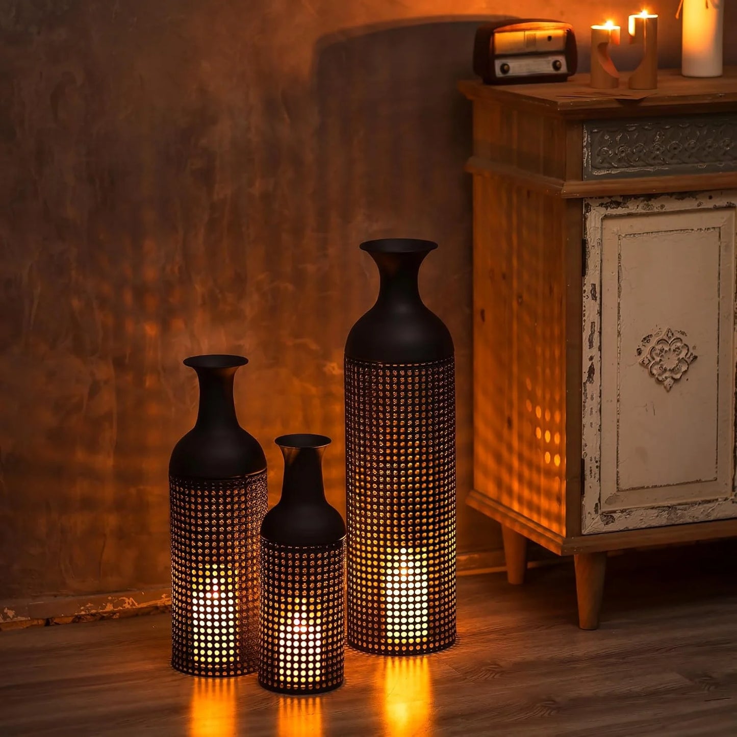 Black Large Floor Vases: Tall Vases Floor Standing for Living Room 27/20/16in - Metal Tall Floor Vase Set of 3 - Modern Oversized Floor Vase for Bedroom Kitchen Fireplace Corner
