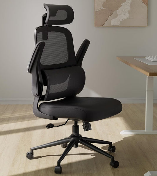Hbada P1 Ergonomic Office Chair, Desk Chair with Adjustable Lumbar Support, Home Office Desk Chair with 2D Headrest, Flip-up Armrest, Swivel Computer Chair, Black