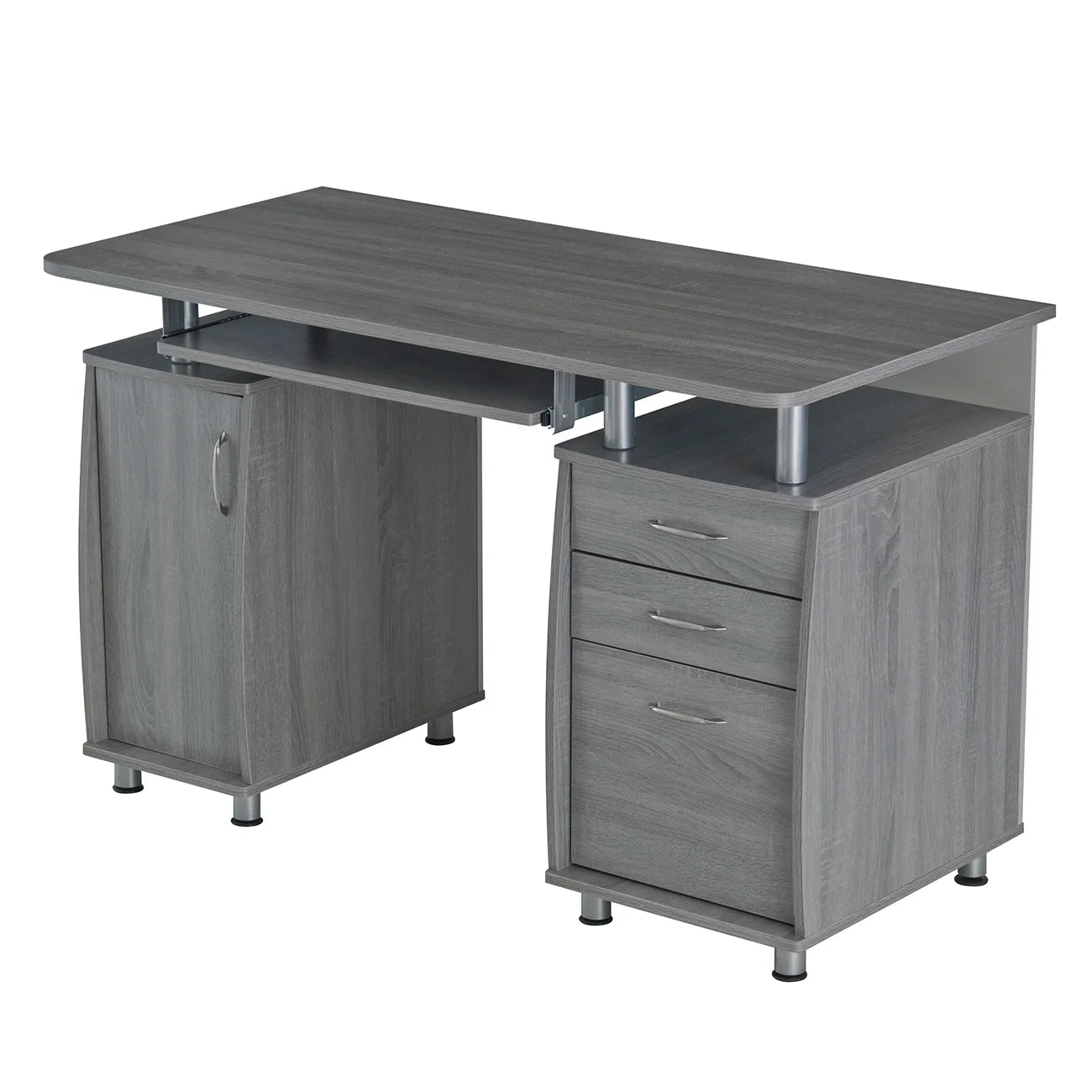 Workstation Computer Desk with Storage in Grey, L-Shaped Office Desk with Bookshelf, CPU Stand, Keyboard Tray for Home Office and Study