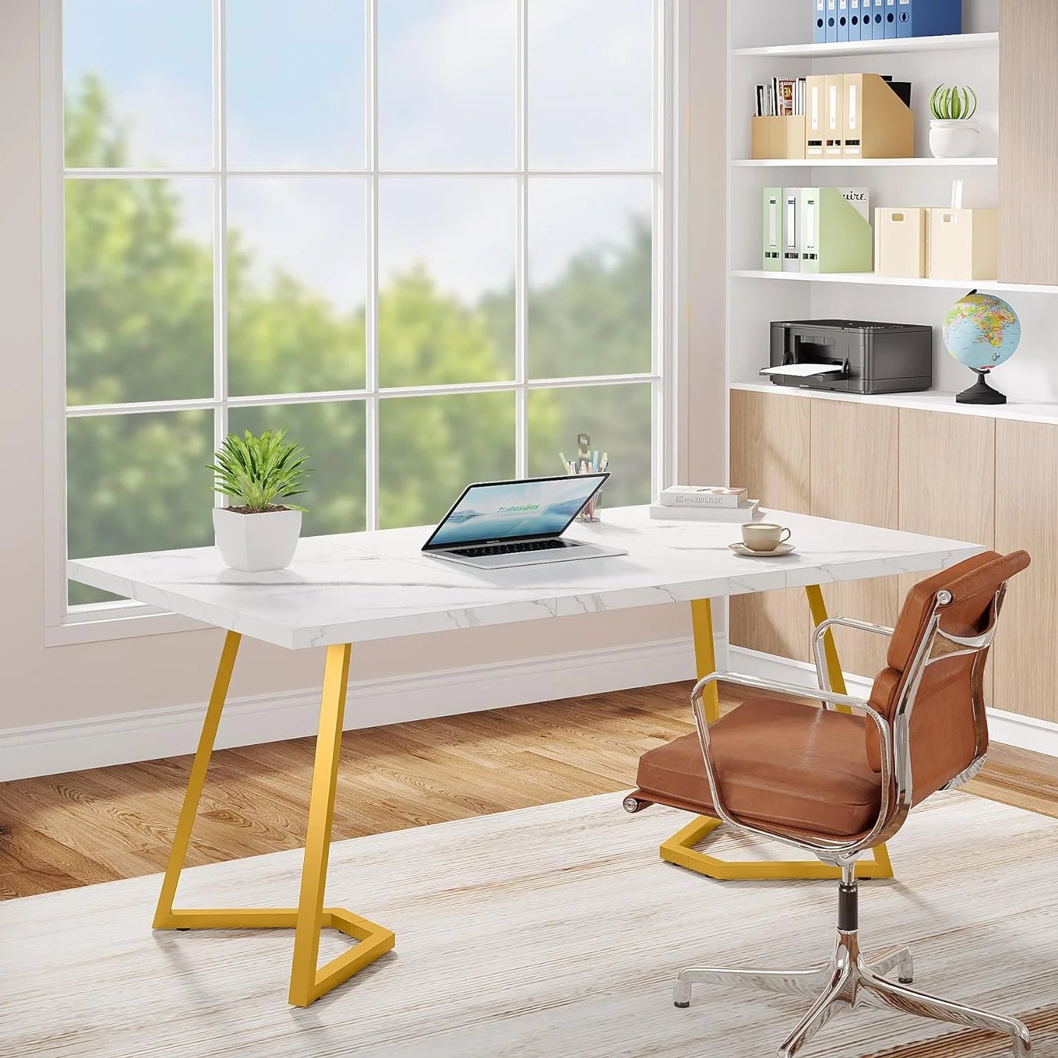 Finmind Modern Home Office Desk, Adult Study Writing Table with Metal Legs, White & Gold, 55.11" L x 31.49" D x 29.52" H