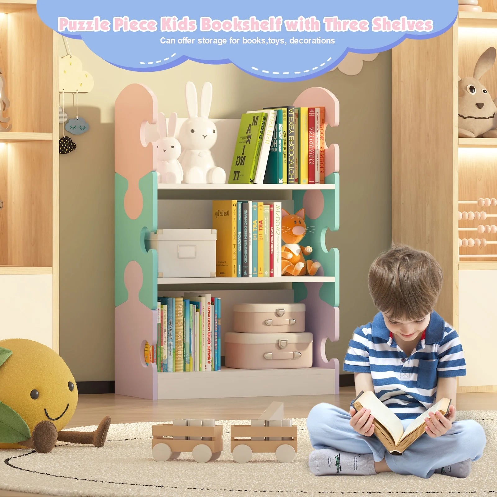 3-Tier Puzzle Piece Kids Bookshelf - Open Toy & Book Organizer for Nursery, Bedroom & Classroom