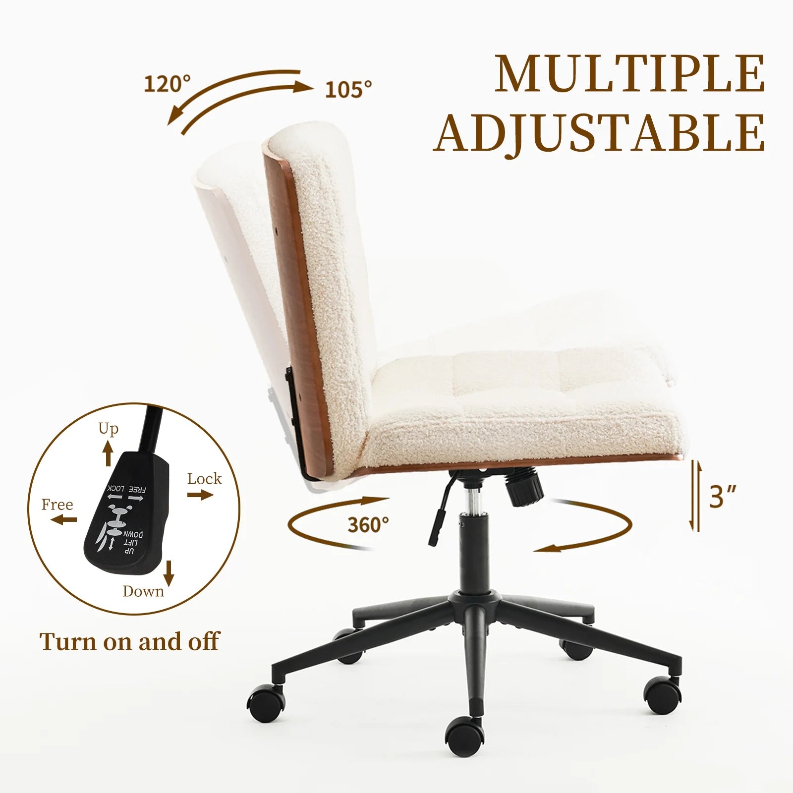 Modern Walnut Office Chair, Wide Seat Swivel Task Chair, Armless Ergonomic Chair with Wheels for Home Office, Bedroom, Ivory White