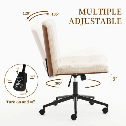 Modern Walnut Office Chair, Wide Seat Swivel Task Chair, Armless Ergonomic Chair with Wheels for Home Office, Bedroom, Ivory White