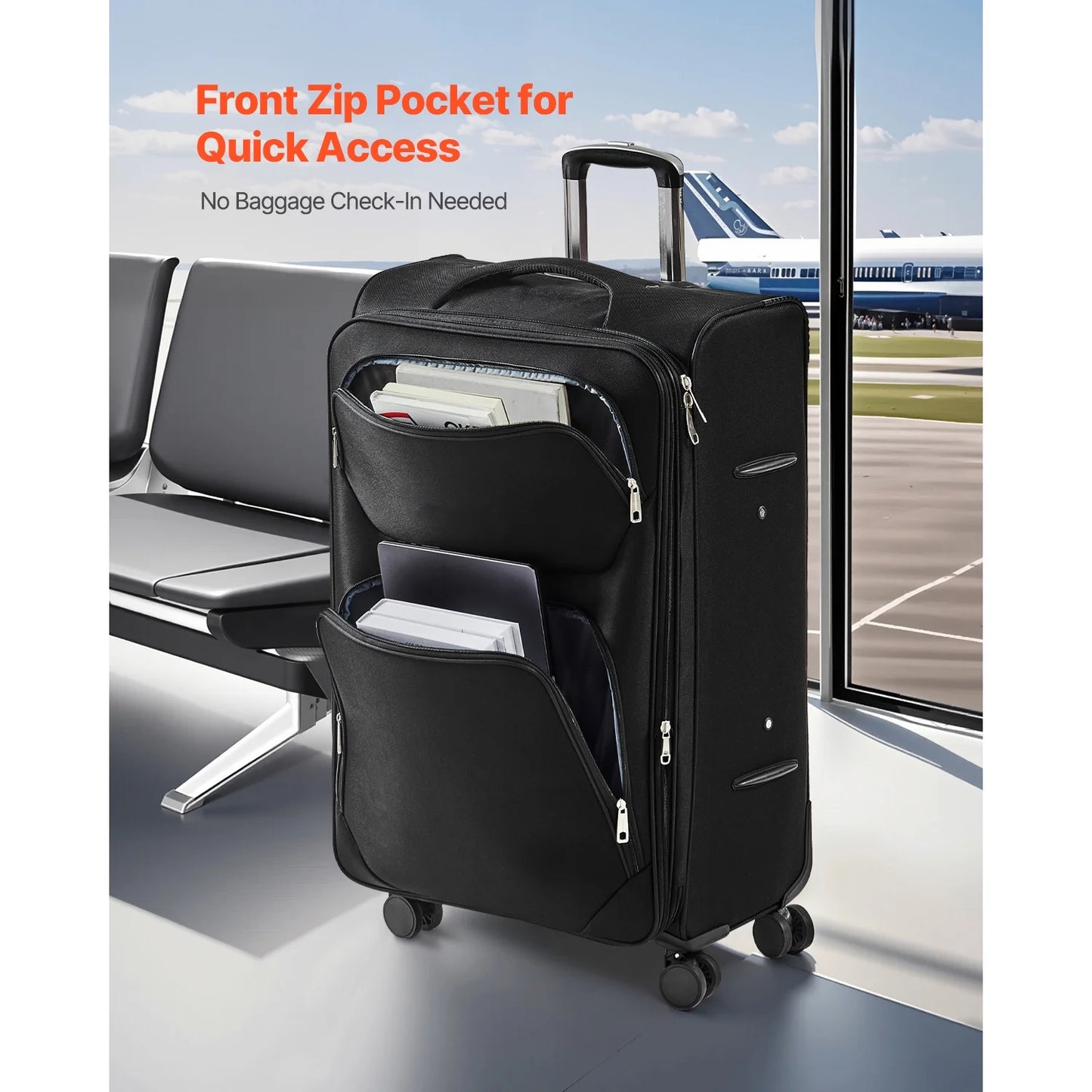 KFFKFF Expandable 28-Inch Softside Luggage with Spinner Wheels, Lightweight Checked Suitcase Featuring TSA Lock and Extra Zippered Pocket, Black