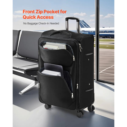KFFKFF Expandable 28-Inch Softside Luggage with Spinner Wheels, Lightweight Checked Suitcase Featuring TSA Lock and Extra Zippered Pocket, Black