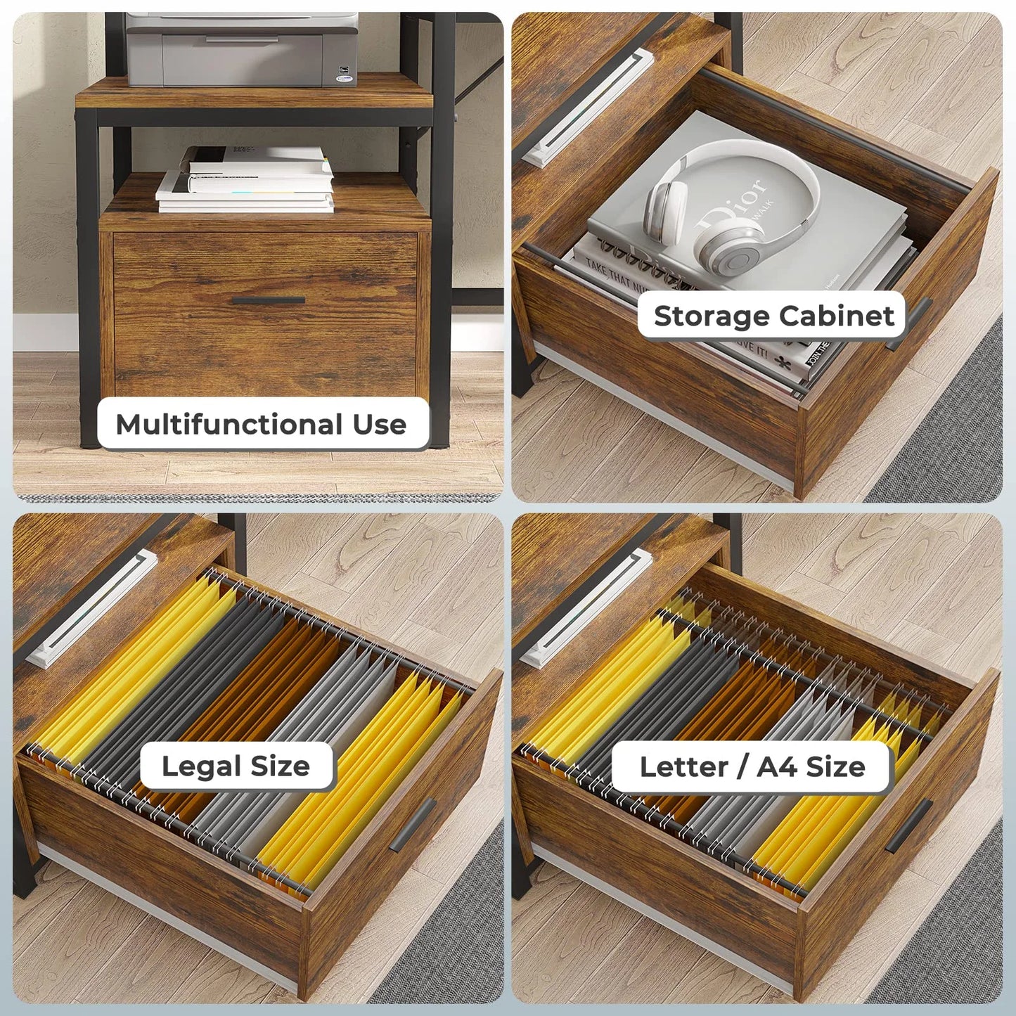 L Shaped Desk with Power Outlet and LED Lights, Corner Computer Desk with File Drawer for Home Office, Gaming Desk, Rustic Brown
