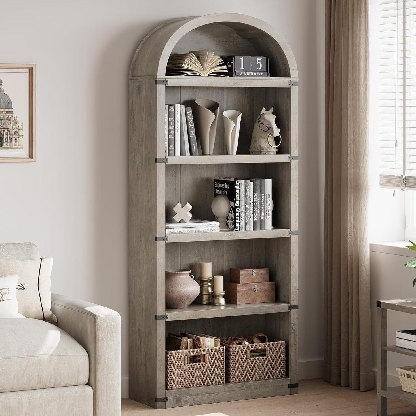 Accreate Bookcase 5 Shelf Arched Bookshelf 71.65in Tall Bookcase Farmhouse Display Storage Rack Wooden Bookshelves for Home office, Living Room
