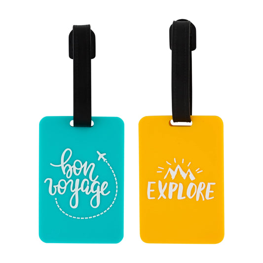 Protege Mini 2 Pack PVC Luggage Tag, "Bon Voyage/Explore", Teal & Orange