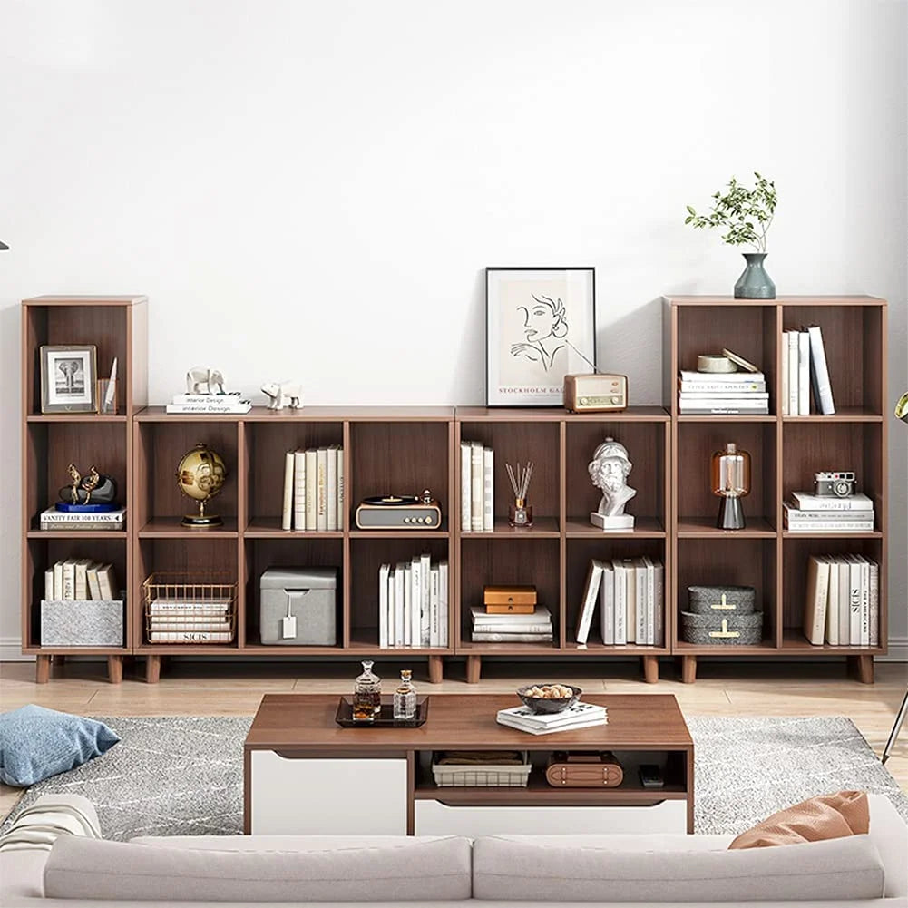 Freestanding Open Cubes Bookcase - 2-Tier Floor Standing Wooden Storage Display Cabinet Organizer with Legs for Home Office, 4-Cubes Open Shelf Low Short Bookshelf, Walnut