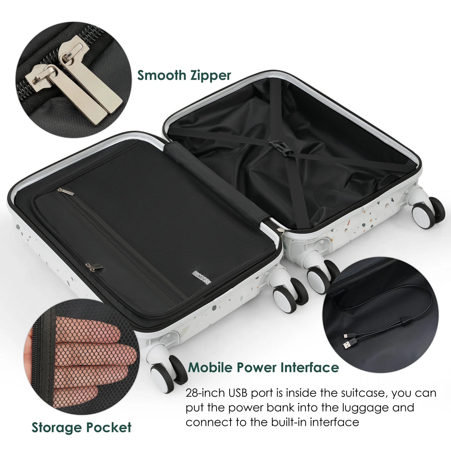 Euroco 3 Piece Luggage Sets, Hardshell Suitcase Set with Front-Opening,USB Port ,Cup Holder and Spinner Wheels,Lightweight Travel Luggage Set(20"/24"/28"),Ivory