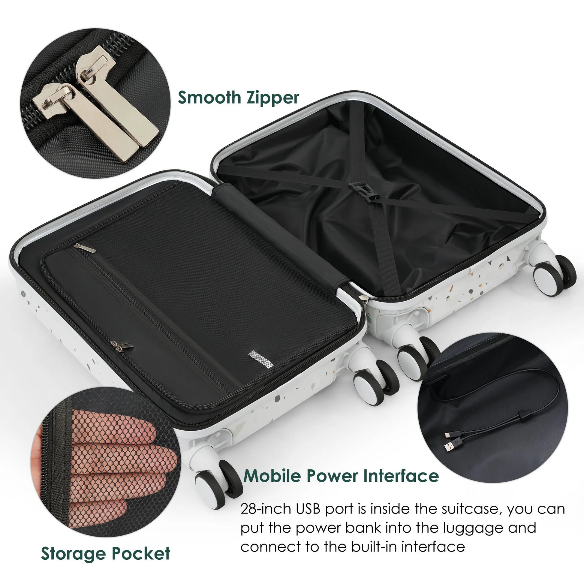 Euroco 3 Piece Luggage Sets, Hardshell Suitcase Set with Front-Opening,USB Port ,Cup Holder and Spinner Wheels,Lightweight Travel Luggage Set(20"/24"/28"),Ivory