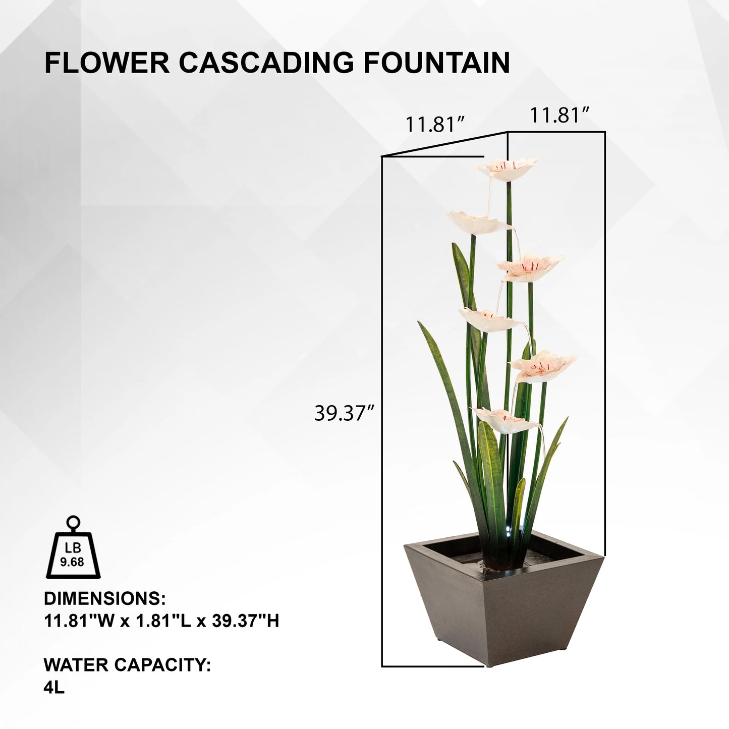 XBrand Metal Sculptural Multi-tiered Flower Water Fountain, Black & White, 39" Tall, w/LED Lights