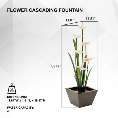 XBrand Metal Sculptural Multi-tiered Flower Water Fountain, Black & White, 39" Tall, w/LED Lights
