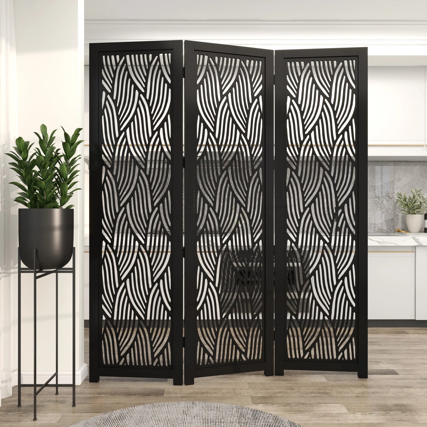 DecMode 60" x 72" Black Mango Wood Abstract Wavy Cutout 3 Panel Room Divider Screen, 1-Piece